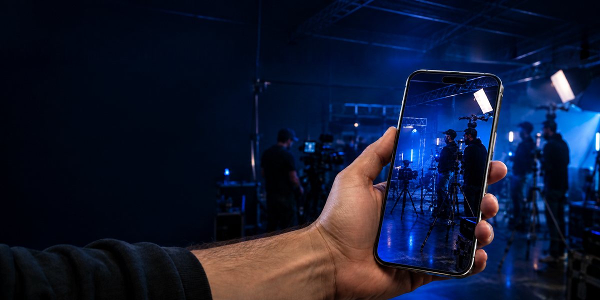 A hand holding an iPhone running Cutvey Meter on a blue-lit film stage, a crew and cameras behind.