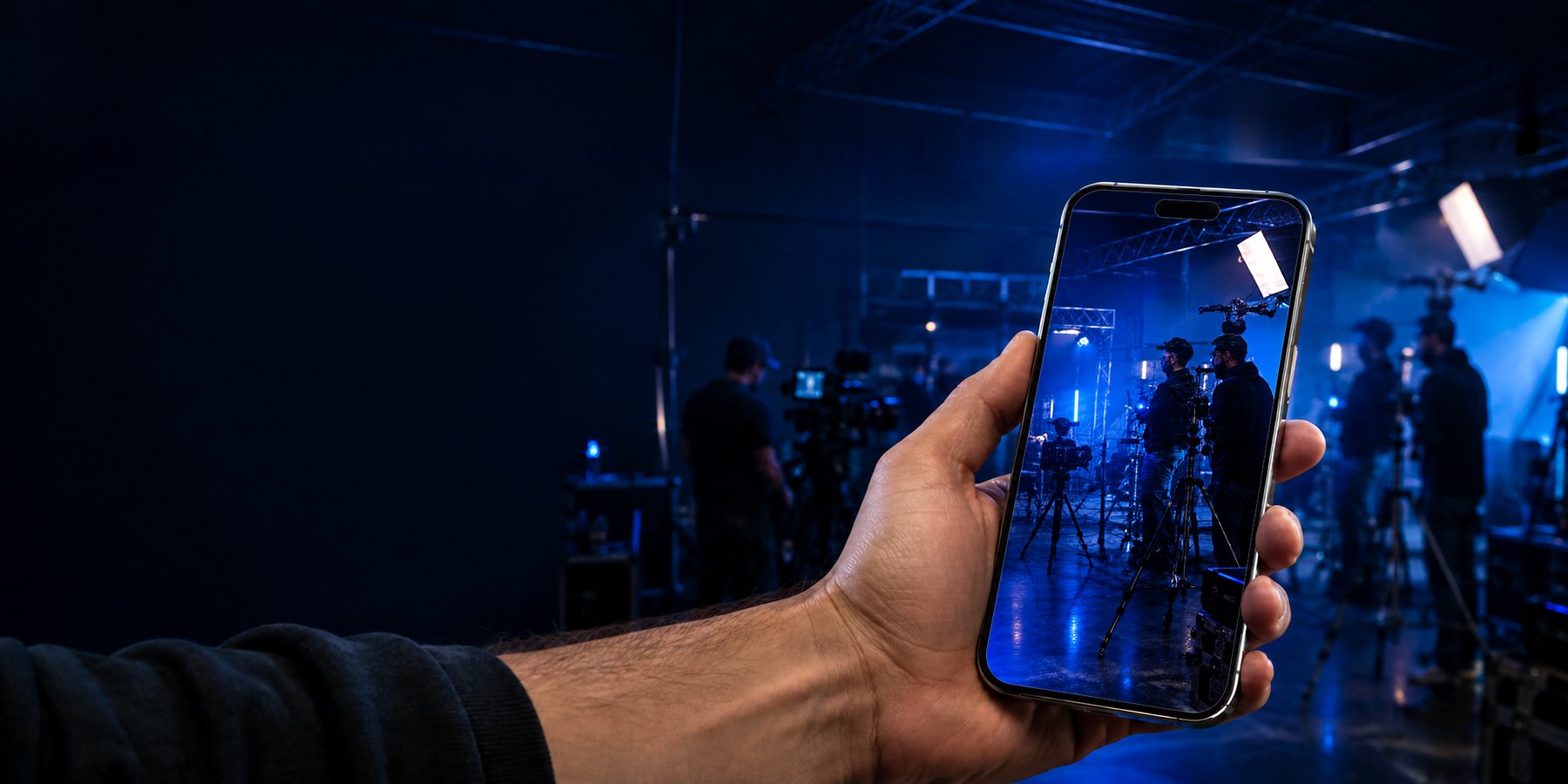 A crew member on a blue-lit sound stage holds up an iPhone running Cutvey Meter; the meter card over the live view reads the light in kelvin and lux, settles, and logs the reading.