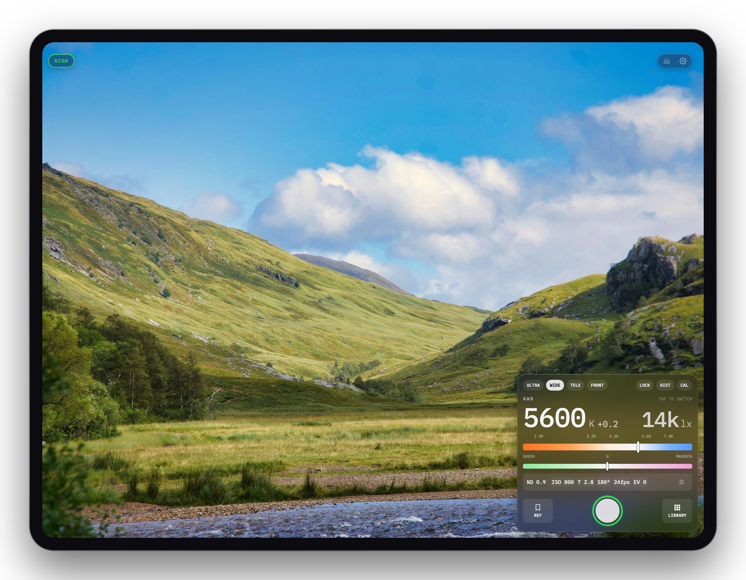 Cutvey Meter on iPad in landscape over a green valley, the meter card beside the picture.