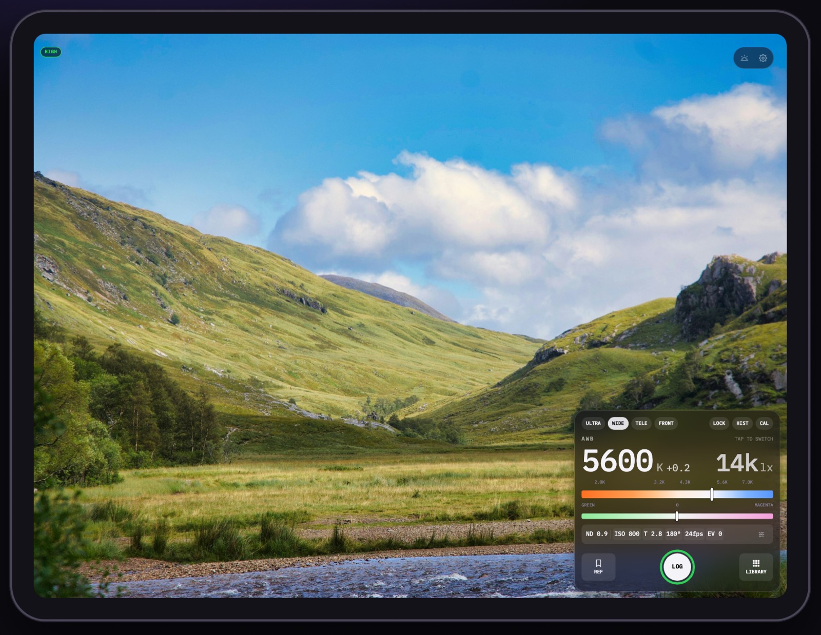 Cutvey Meter on an iPad, the readout standing beside a full-width picture