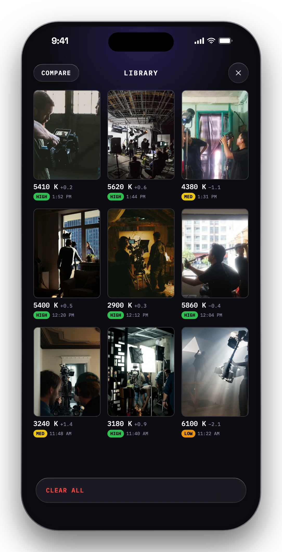 Cutvey Meter on iPhone: the LIBRARY, a contact sheet of logged readings.